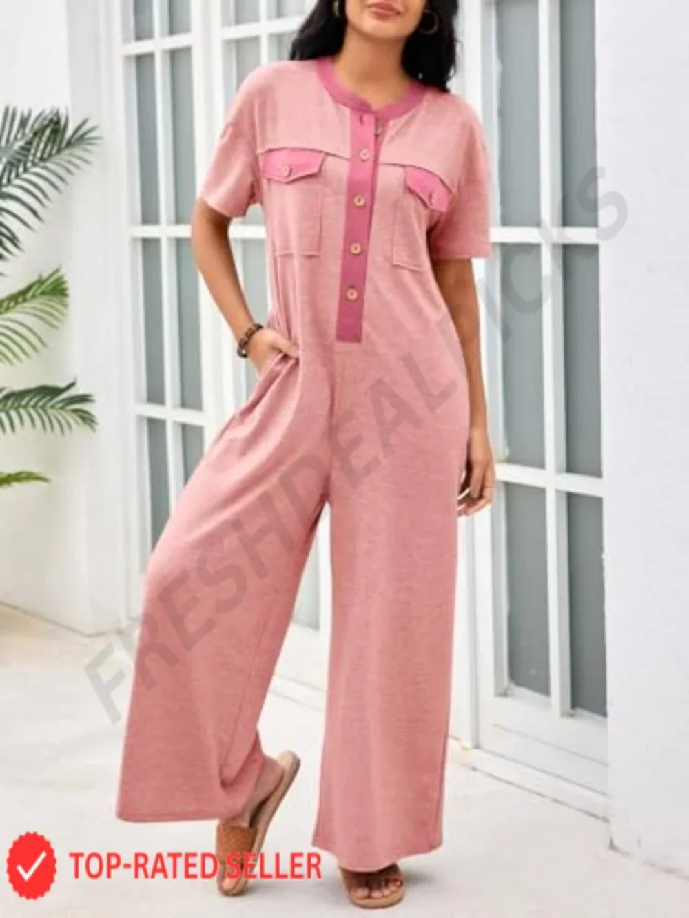 Women's Casual Loose Wide Leg Jumpsuit Short Sleeve V-Neck Button Romper